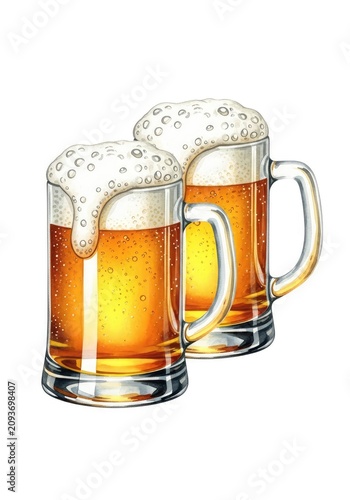 Hand-painted watercolor illustration of two overflowing beer mugs with golden lager and white foam bubbles on a plain white background, textured, stout, refreshing