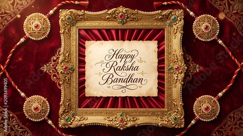  Happy Raksha Bandhan - Royal Vintage Frame with Multiple Rakhis on Red Velvet