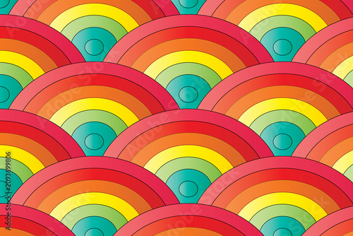 Abstract Colorful Japanese Wave Pattern with Seamless Rainbow Scallop Circles and Gradients