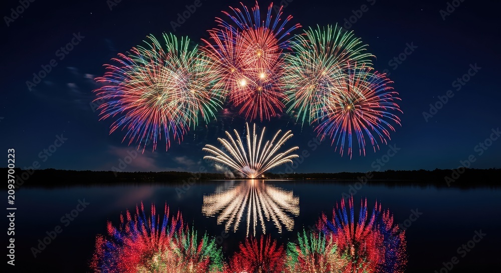 Fototapeta premium Vibrant fireworks burst in the night sky above a calm water surface, creating brilliant reflections and a festive atmosphere for a grand event, shimmering, illumination, blue