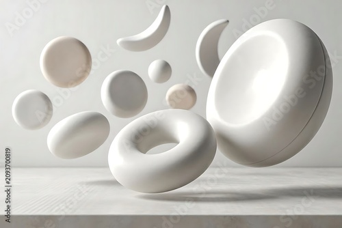 Minimalist 3d composition with floating white abstract forms and rings