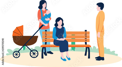 People relaxing in park, woman sitting on bench, mother holding baby next to stroller vector illustration