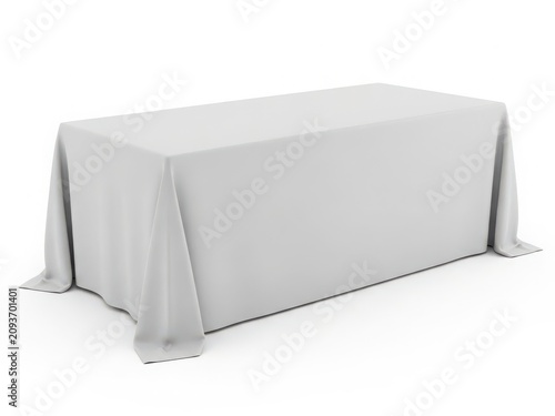 A long rectangular table draped with a light gray tablecloth