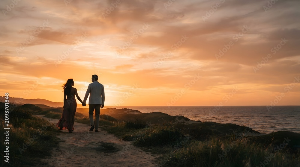 Fototapeta premium Couple holding hands at sunset ocean