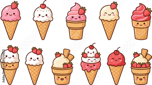 Cute Kawaii Ice Cream Cone Set with Strawberry Cherry Vanilla and Wafer Toppings Vector Illustration Collection