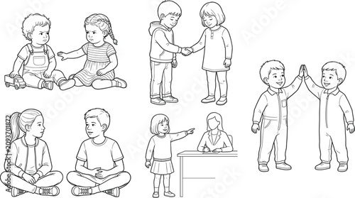 Children Social Skills Line Art Set with Friendship Communication Conflict Resolution and Classroom Activities