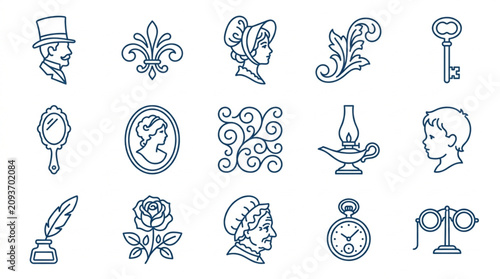 Vintage Line Art Icons Collection of Antique Objects.