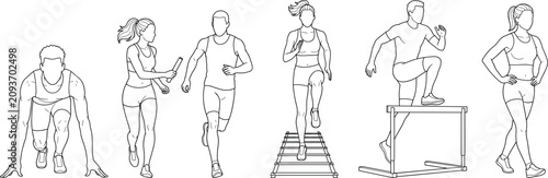 Fitness Training Line Art Set with Running Sprint Relay Agility and Hurdle Exercise