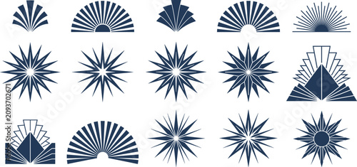 Art deco sunburst vector set with geometric radial symbols and fan shape starburst motifs.
