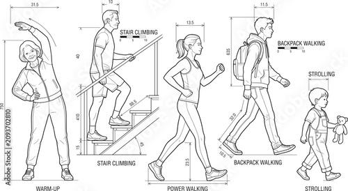 Fitness Activities Line Art Collection with Warm Up Walking Stair Climbing and Strolling Illustrations