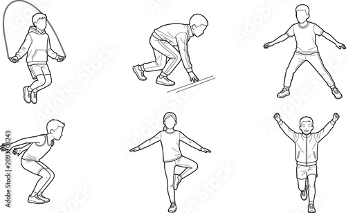 Kids Fitness Activities Line Art Set with Jump Rope Balance Squat and Running Exercises
