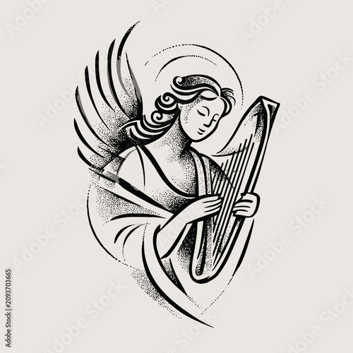 Detailed angel playing harp dotwork illustration.