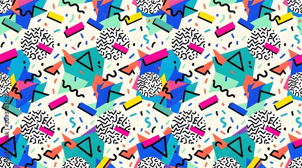Fototapeta premium Energetic abstract Memphis-style textile with scattered geometric blocks, scribble dots, colorful triangles, zigzags, stripes, and bold pink, cyan, yellow, orange, blue, black, and white retro graphic