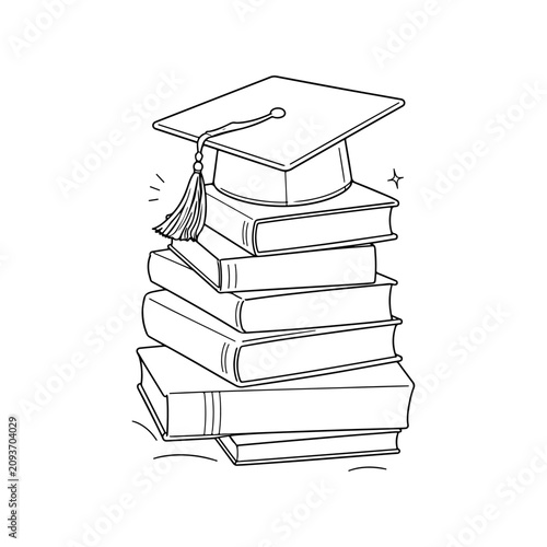 Graduation Cap on Stack of Books – Minimalist Line Art Outline Illustration