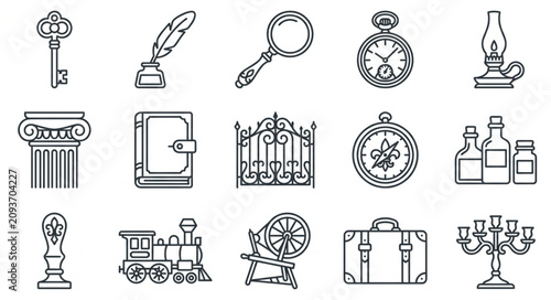 Fotografi Vintage Line Art Icons of Antique Objects and Symbols.