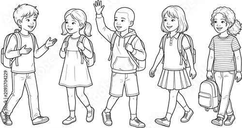 School Children Line Art Set with Backpacks Walking Greeting and Student Communication Illustrations