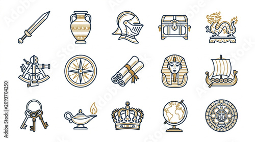 Slika na platnu Vintage Line Art Icons of Historical and Mythical Objects.