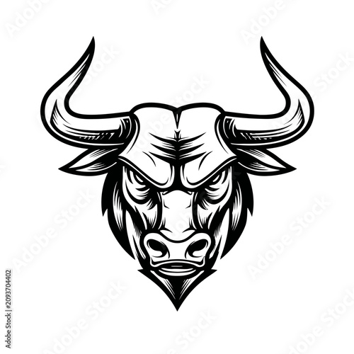 Detailed fierce bull head line art illustration.