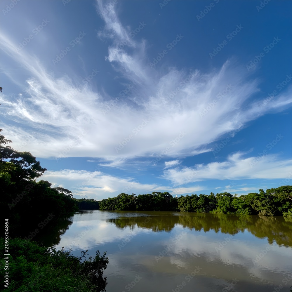 Obraz premium Serene lake with lush greenery and dramatic sky.