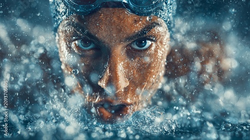 Athlete swims with intense focus in blue water background, sport competition training determination health.
