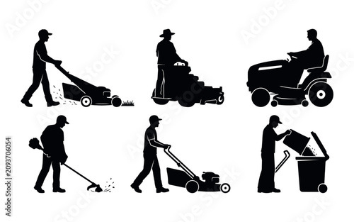 Obraz na płótnie Labor day lawn care workers silhouettes performing yard work and gardening silho