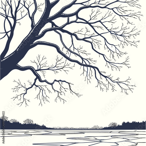Foto Silhouette of a large bare tree overhanging a frozen lake with a distant forest