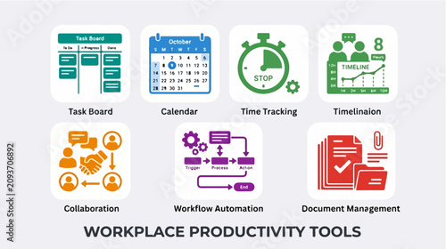 Workplace productivity tools icons set.