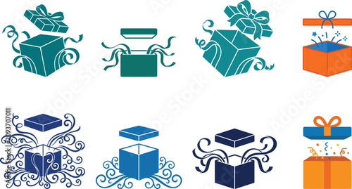Fotografie Collection of teal and blue gift box silhouettes with ribbons and sparkles silho