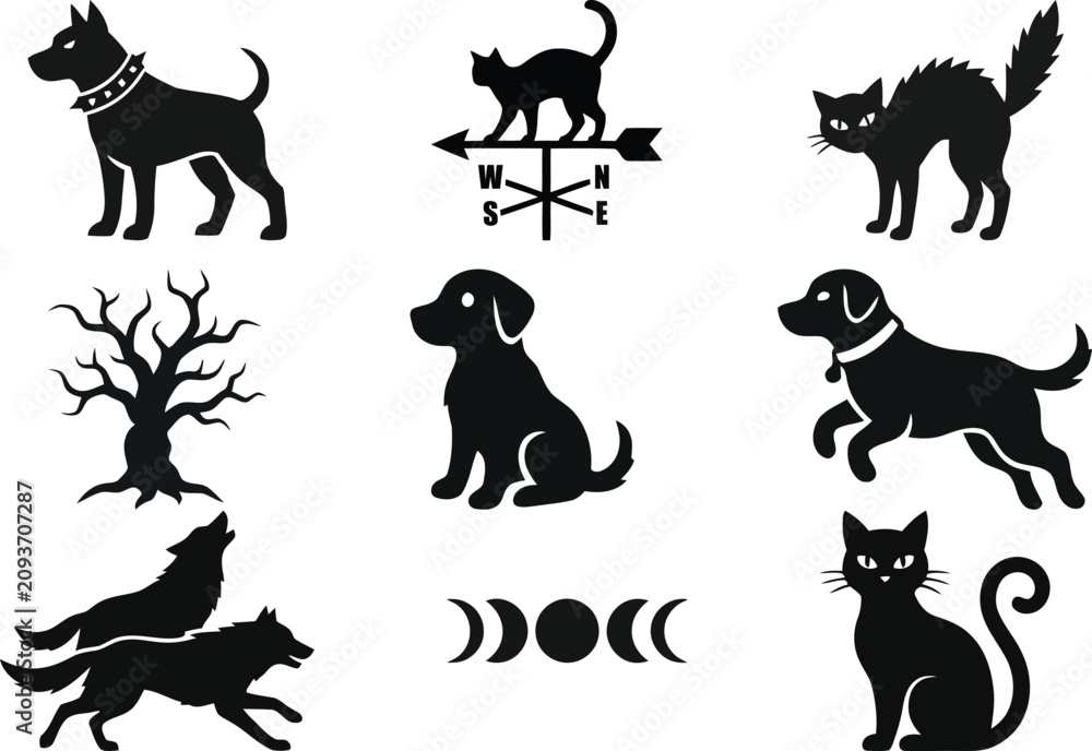 Obraz premium Halloween silhouette vector set, spooky black cat and dog icons, mystical moon phases and dead tree graphics, gothic animal silhouettes for decor