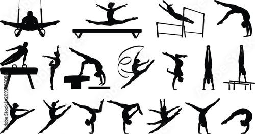 Collection of male and female gymnast silhouettes performing artistic and rhythmic gymnastics isolated on white