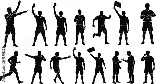 Quadro su tela Collection of male soccer referee silhouettes in action poses with whistle and p
