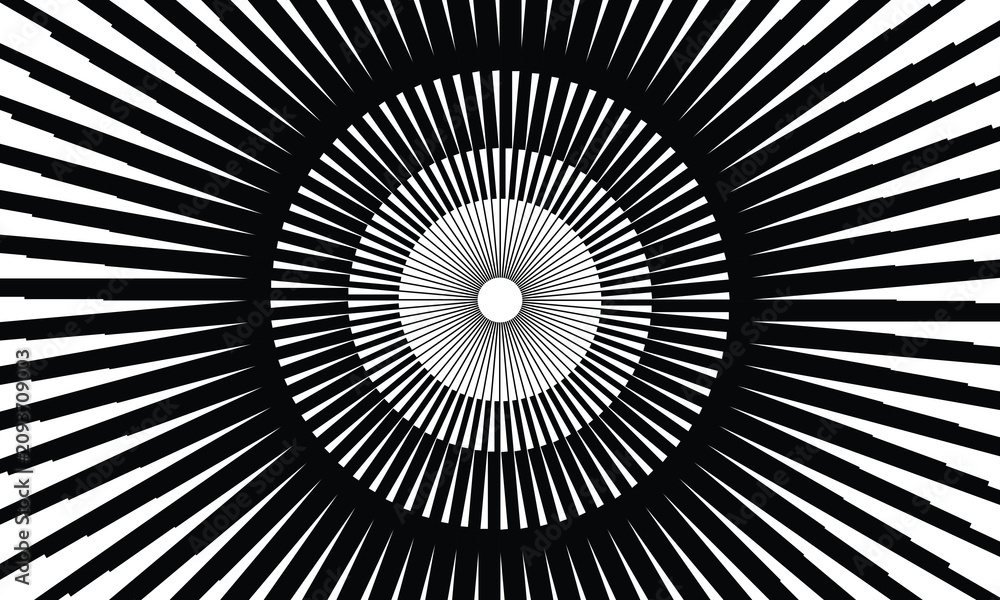 Fototapeta premium Hypnotic Geometric Sunburst Tunnel Background, Optical Illusion Design, Psychedelic Trance Party Poster, Cosmic Wormhole Graphic, Comic Book Action Accent, and Dynamic Radial Ray Vector