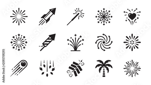 Fireworks and Celebration Icon Set - Black and White Vector Illustrations