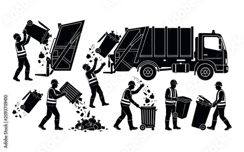 Waste management workers emptying trash into garbage truck silhouette