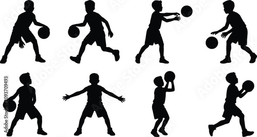 Bild auf Leinwand Kids Basketball Player Silhouette Collection Featuring Dribbling Passing Catchin