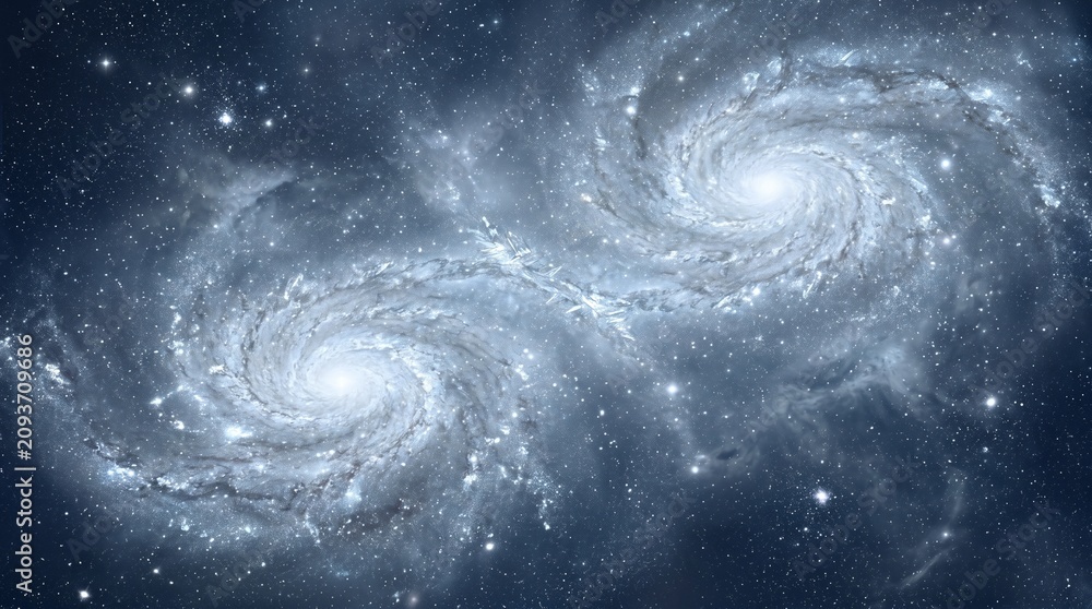 Fototapeta premium Astronomical display of twin galaxies merging at edges with dynamic star bridges and bright glowing cores in space