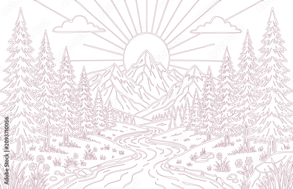 Fototapeta premium Mountain landscape with a winding road and trees at sunrise