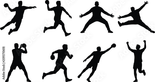 Set of dynamic male handball player silhouettes jumping and throwing isolated on white background