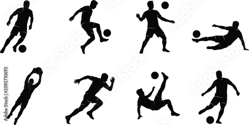 Cuadro en lienzo Set of dynamic male soccer player silhouettes in active sports poses isolated on