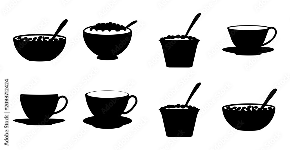 Fototapeta premium Black and white coffee and cereal bowls icons - Minimalist vector icons showing black and white coffee cups, bowls, and spoons with cereal or tea.
