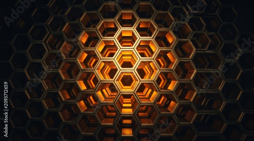 Hexagonal geometric pattern with warm glowing light effect.