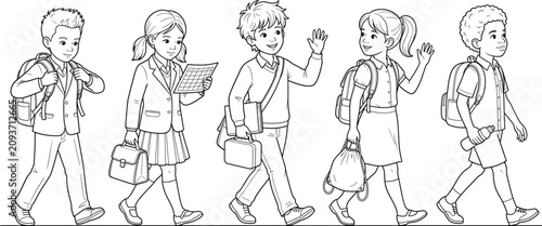 School Children Walking Line Art Set with Backpacks Learning and Student Daily Activities