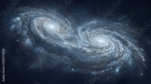 Fotografie Cinematic view of twin galaxies merging at edges to form a massive cosmic collis