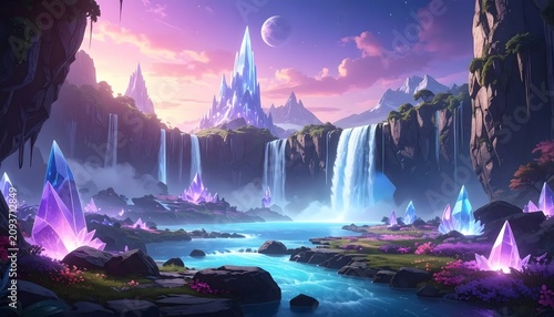 Majestic waterfall cascading through mystical canyon at twilight.