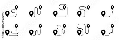 10 iconos de rutas de navegación para mapas que representan trayectos, direcciones y geolocalización, estilo línea
