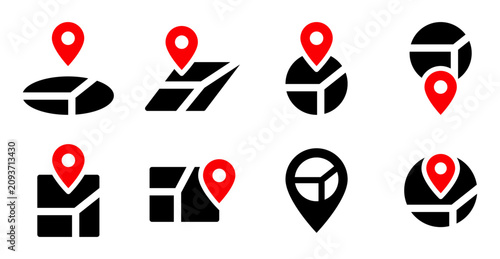 8 iconos de mapas con ubicación para navegación que representan geolocalización, orientación y destinos, estilo sólido