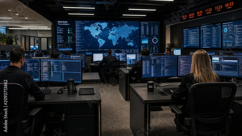 Professional cybersecurity team members monitor global network threats and data intelligence in a modern dark control room
