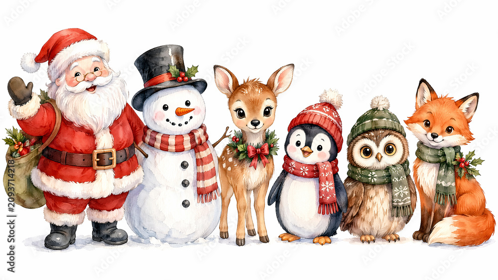 Fototapeta premium Watercolor illustration featuring Santa Claus, snowman, and cute woodland animals