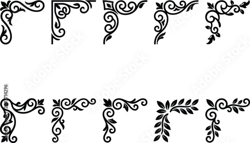 Fotografie A assortment of ten exquisite black vintage corner decorations featuring stylish floral flourishes and intricate swirl structure patterns