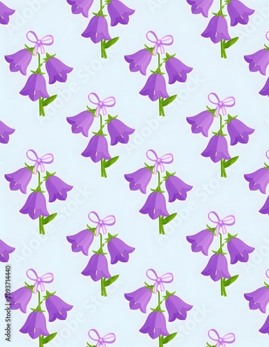 Colorful floral pattern with purple and green flowers.